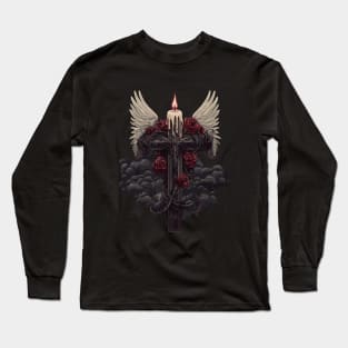 Cross with Wings and Red Roses - Gothic Long Sleeve T-Shirt